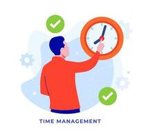 Time management, Productivity, Efficiency work time, Workflow scheduling, Planning day, Schedule Management, Planning and organizing upcoming tasks, Female character with clock vector