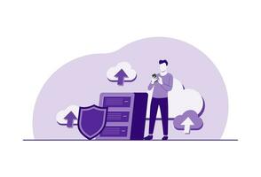 Cloud data storage and security flat illustration, People upload folders and transfer backup files to digital database services, Cyber security, Database protection, data center, file management vector