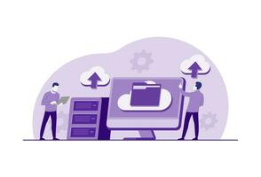 Cloud data storage and security flat illustration, People upload folders and transfer backup files to digital database services, Cyber security, Database protection, data center, file management vector