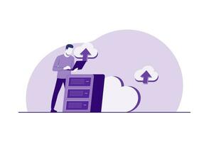 Cloud data storage and security flat illustration, People upload folders and transfer backup files to digital database services, Cyber security, Database protection, data center, file management vector