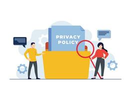 Male and female characters with privacy policy document flat illustration vector concept, Illustration for websites, landing pages, mobile applications, posters, and banners