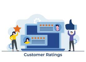 Customers giving rating stars, clients feedback and review on the laptop screen, application review concept, Happy clients showing support by leaving positive ratings vector illustration concept