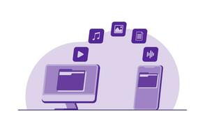 File transfer concept, Backup data, Data transfer between a computer and smartphone, document save on storage, Cloud technology, File upload, and download flat illustration vector