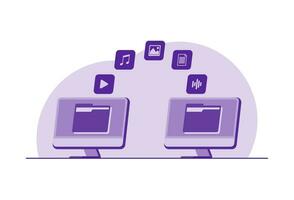 File transfer concept, Backup data, Data transfer between two computers, document save on storage, Cloud technology, File upload, and download flat illustration vector