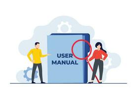 Characters checking user manual book, Handbook, Guidebook, instruction book, Customer guide, Useful information, Technical document, Help, Specifications user guidance flat illustrations vector