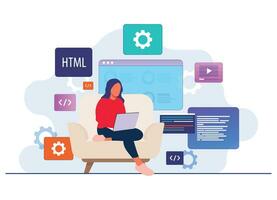 mujer trabajando como programador, escritura código utilizando computadora portátil, sitio web desarrollador, codificación software elementos en antecedentes plano ilustración vector modelo