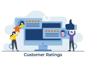 Customers giving rating stars, clients feedback and review on the laptop screen, application review concept, Happy clients showing support by leaving positive ratings vector illustration concept