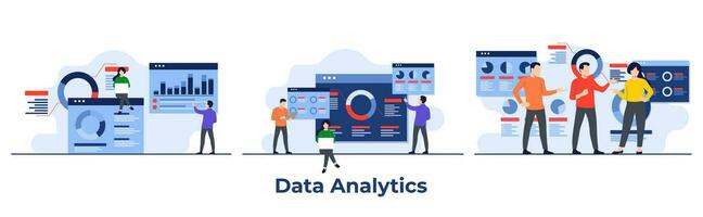 Set of business analytics concepts, A team of specialists looking at business analytics dashboards, SEO optimization, Financial reports, Statistics, Financial Research, Marketing vector