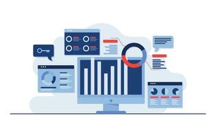 negocio datos análisis plano ilustración, mercado investigación, planificación, producto pruebas, Estadísticas, financiero infografía, administración concepto para aterrizaje página, móvil aplicación, social medios de comunicación, web bandera vector