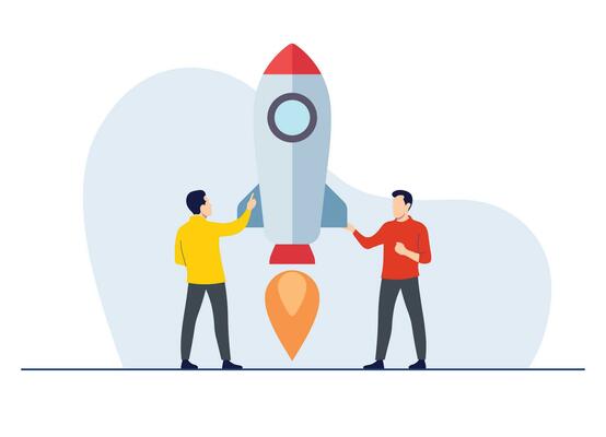 Startup rocket launch by business people or employees, Success of new project, entrepreneurship, New idea, Teamwork on new idea flat illustrations for web banner, landing page, infographic, mobile app