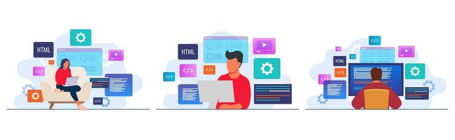 Set of programming and coding flat illustration vector templates, People working as programmer, Writing code using laptop and computer, Website developer, Coding software elements on background