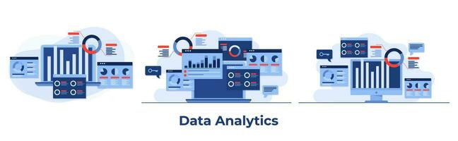 Set of business analytics flat illustrations, Financial reports, Statistics, Financial, Research, Planning, Management, SEO marketing analysis, analyzing, data processing, success strategy vector