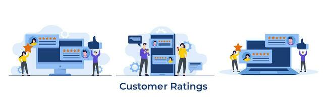 Set of customer review evaluation concepts, Application rating concept, Clients giving rating, customer feedback and reviews, Users leaving likes and stars, Satisfaction concept, Business Success vector