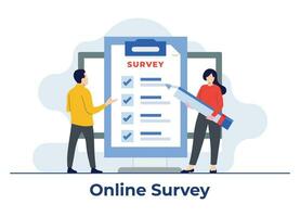 Online survey form on the computer screen flat illustration vector concept, people filling survey form, Feedback service, Laptop with a checklist, Online test