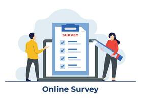 Online survey form on the laptop screen flat illustration vector concept, people filling survey form, Feedback service, Laptop with a checklist, Online test