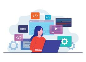 mujer trabajando como programador, escritura código utilizando computadora portátil, sitio web desarrollador, codificación software elementos en antecedentes plano ilustración vector