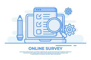 Laptop with checklist, browser with checkboxes, magnifying glass, and pencil, Online survey flat illustration for web banner, website, infographics vector