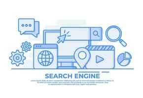 Search engine concept with desktop computer, search bar, and search results flat vector illustration for web banner, website landing page, Search engine optimization, SEO marketing analytics
