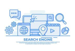 Search engine concept with desktop computer, search bar, and search results flat vector illustration for web banner, website landing page, Search engine optimization, SEO marketing analytics