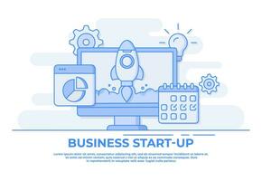 Startup business project concept thin line flat vector illustration, Rocket launch on computer screen for  landing page, web banner, mobile application, web design,