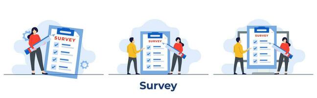 Set of survey concepts flat illustrations, Online survey form, Clipboard with checkboxes, Checklist, Complete tasks, To-do list concept flat for business task, exams, Feedback service vector