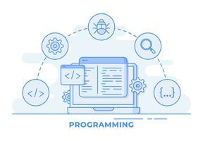 web desarrollo Delgado línea vector ilustración infografía, codificación en ordenador portátil pantalla, y programación concepto para aterrizaje página, web bandera, móvil solicitud, web diseño usuario interfaz, ui ux