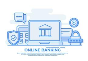 Online banking flat vector illustration concept with laptop computer, credit card, calculator for landing page, web banner, mobile application, business content strategy, web design,