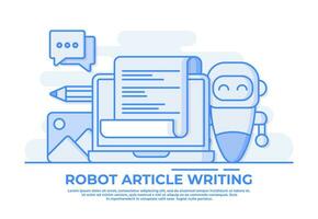 Robot article editor writing publicity posts, Writing articles using artificial intelligence, Robot copywriter writing article typing text document copywriting concept vector