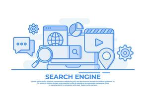 Search engine concept with laptop, search bar, and search results flat vector illustration for web banner, website landing page, Search engine optimization, SEO marketing analytics