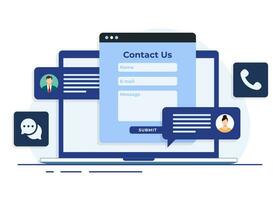 Contact us form on laptop screen with message bubbles flat illustration for web banner, mobile app, business presentation, Customer support, customer service, online support, help desk vector