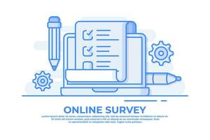 Online survey on laptop computer flat illustration for web banner, website, infographics, Quiz exam paper sheet document, clipboard with checkboxes, checklist, complete tasks, To-do list, vector