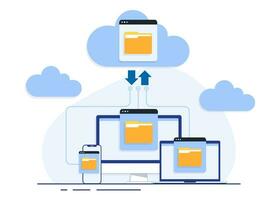 nube informática concepto con computadora monitor, computadora portátil, y teléfono inteligente dispositivos en el Procesando de subir y descargar información y datos, nube almacenamiento o Servicio datos transferir plano ilustración vector