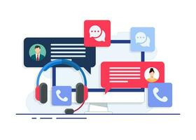 Customer support flat vector illustration with desktop computer headset, message bubbles, customer service, online support, help desk