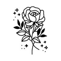 Hand drawn rose flower and leaf branch line art vector illustration design