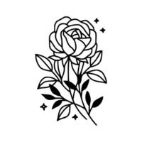 Hand drawn rose flower and leaf branch line art vector illustration design