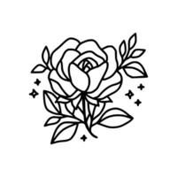 Hand drawn rose flower and leaf branch line art vector illustration design