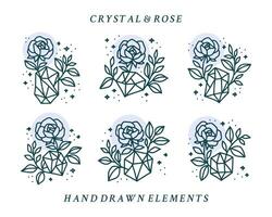 colección de mano dibujado mágico elementos con cristal, Rosa flores, estrellas, hoja rama para femenino icono, belleza logo, emblema, y otro propósitos vector