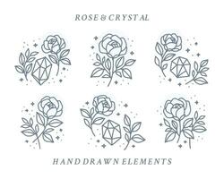 colección de mano dibujado mágico elementos con cristal, Rosa flores, estrellas, hoja rama para femenino icono, belleza logo, emblema, y otro propósitos vector