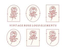 Vintage hand drawn rose flower logo element collection with frame vector