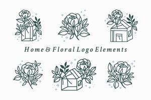 Hand drawn vintage feminine beauty logo element collection with rose, home, flower, leaf branch vector illustration for icon, logo, sticker, printable