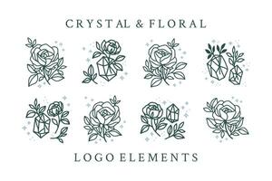 colección de mano dibujado mágico elementos con cristal, Rosa flores, estrellas, hoja rama para femenino icono, belleza logo, emblema, y otro propósitos vector