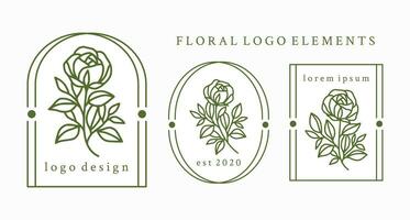 Vintage hand drawn rose flower logo element collection with frame vector