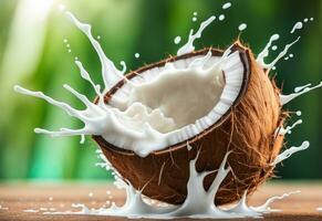 AI generated Cracked coconut with milk splash, Coconut milk splash on blurred tropikal background. photo