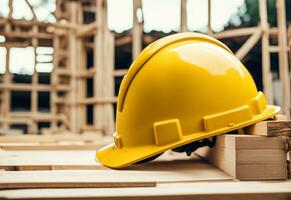 ai generado amarillo la seguridad construcción casco en un de madera mesa en contra el fondo de un casa siendo construido. foto