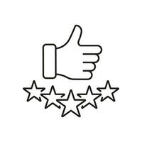 Thumb Up With Five Stars Line Icon. Customer Satisfaction Linear Pictogram. Best Quality Outline Symbol. Review Sign. Positive Feedback. Editable Stroke. Isolated Vector Illustration.