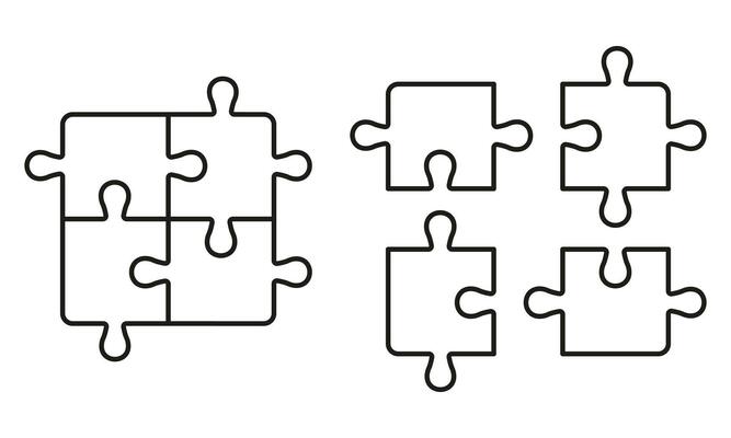 Unfinished Jigsaw Linear Pictogram. Puzzle Pieces Assemble and Disassemble. Teamwork, Strategy, Integration Outline Sign. Game Combination Line Icon Set. Editable Stroke. Isolated Vector Illustration.