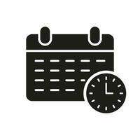 Time Management Silhouette Icon. Calendar with Clock Glyph Pictogram. Event Day Reminder Symbol. Appointment Agenda. Deadline and Schedule Solid Sign. Isolated Vector Illustration.