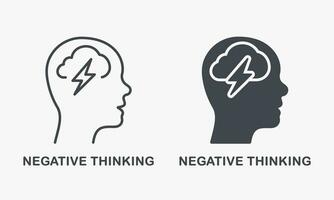 Pessimism, Frustration, Furious Expression Symbol Collection. Negative Thinking Silhouette and Line Icon Set. Pessimistic Mental Disorder, Thunder in Human Head. Isolated Vector Illustration.