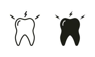 Toothache Silhouette and Line Icon Set. Teeth Pain, Oral Problem Pictogram. Tooth Ache, Sensitivity, Painful Black Symbol Collection. Dental Treatment Sign. Isolated Vector Illustration.