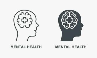 Mental Health Silhouette and Line Icon Set. Psychology Care, Psychiatry Emotional Support Symbol Collection. Medical Aid for Human with Psychological Disorder Pictogram. Isolated Vector Illustration.